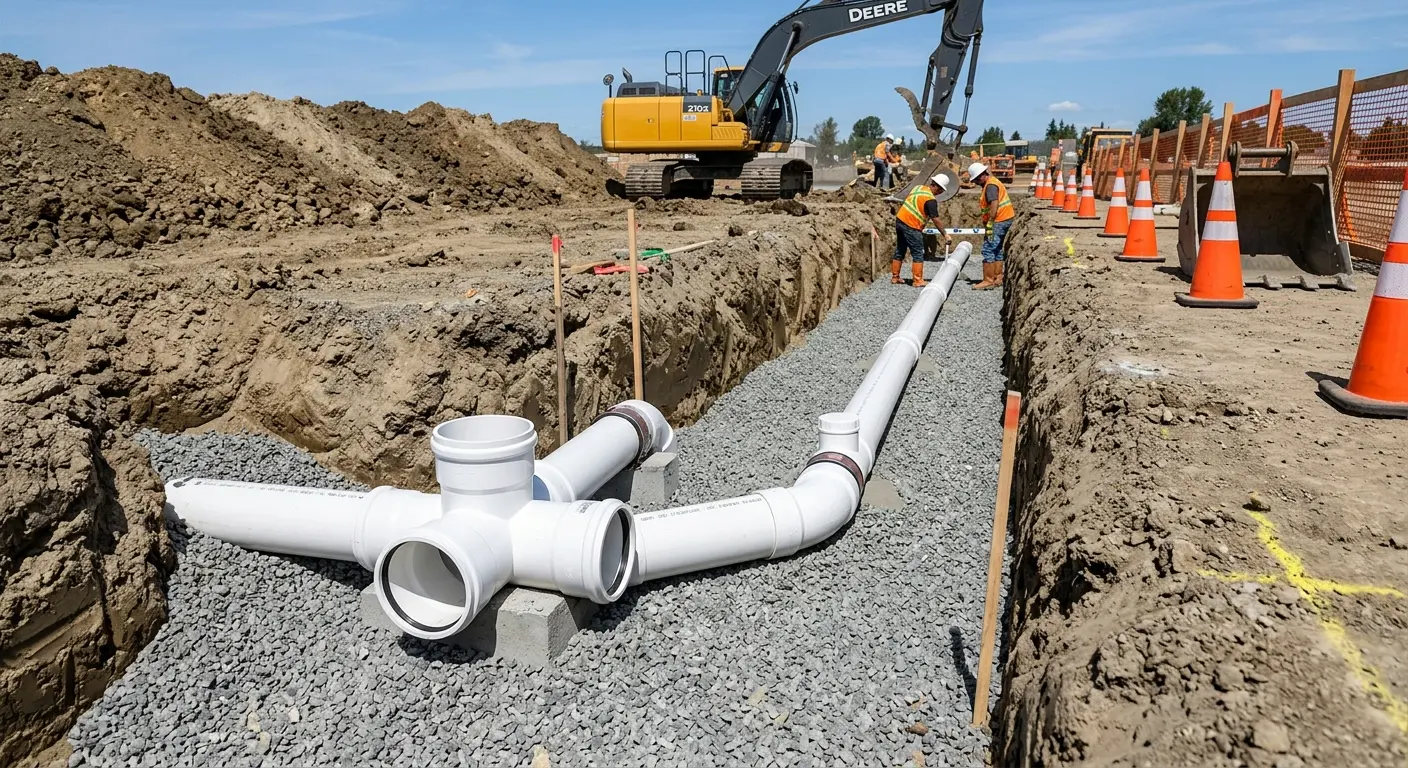 New PVC sewer pipe installation in open trench for Sewer Backup in Sturtevant