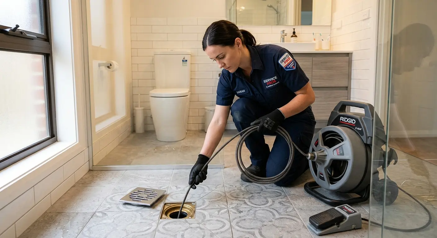 Technician clearing a bathroom floor drain for Hydro Jetting in Sturtevant